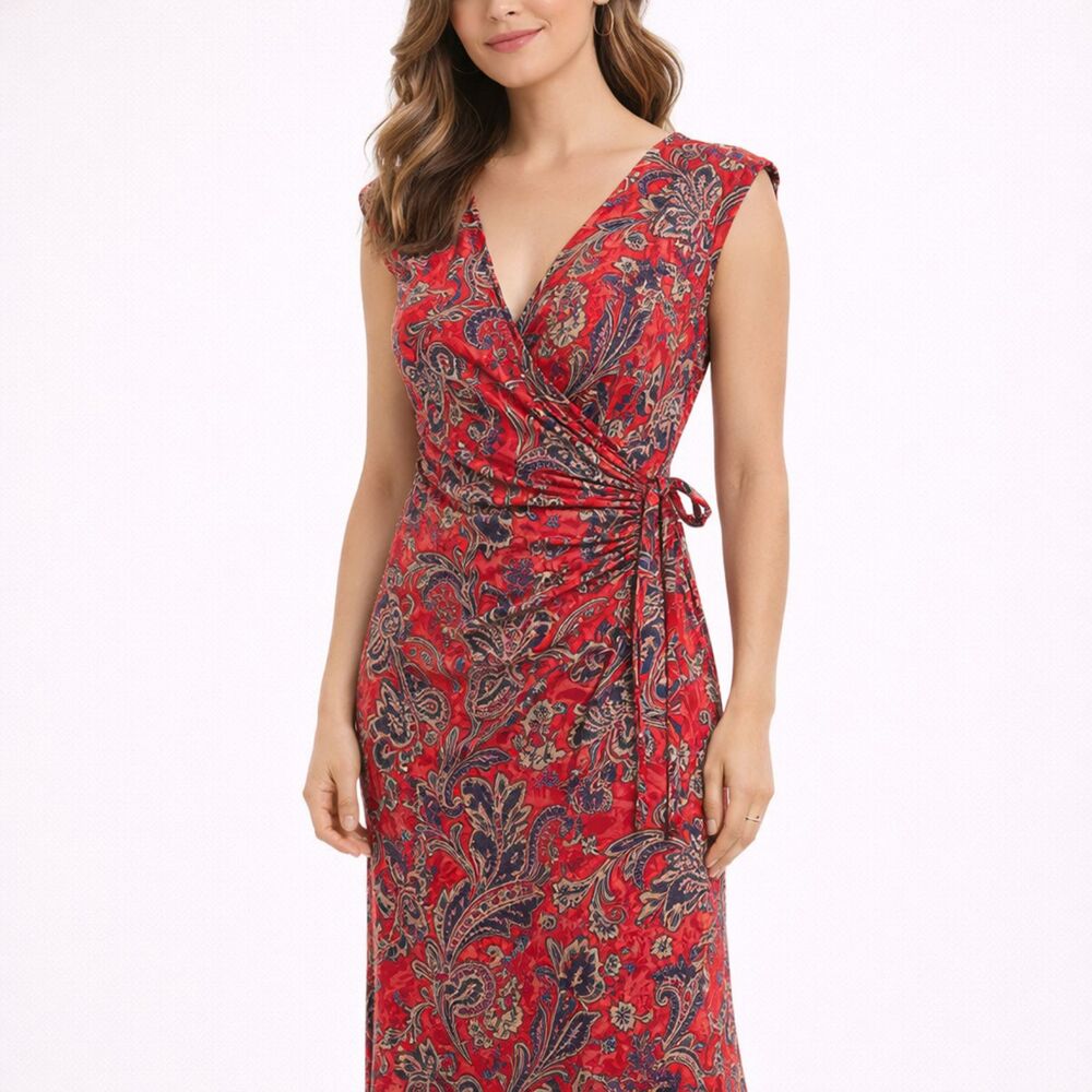 Lauren Ralph Lauren Red Paisley Faux Wrap Jersey Midi Dress Medium Quiet Luxury